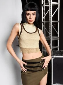 SHEIN ICON Áo hai dây cắt Tương phản ràng buộc màu trơn Giải trí - Màu be - Xem 5