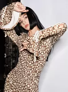 SHEIN ICON Floral & Plaid Print Drawstring Ruched Front Flounce Sleeve Dress