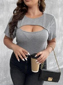 Celure Áo thun Plus size Cắt ra màu trơn Gợi cảm - Xám - Xem 1
