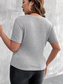 Celure Áo thun Plus size Cắt ra màu trơn Gợi cảm - Xám - Xem 2