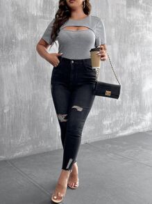 Celure Áo thun Plus size Cắt ra màu trơn Gợi cảm - Xám - Xem 5
