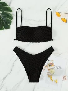 SHEIN Swim 纹理比基尼套装可调节肩带吊带文胸和高腰下装两件套泳衣夏季 - 黑色 - 查看 1