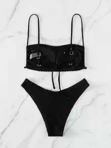 SHEIN Swim 纹理比基尼套装可调节肩带吊带文胸和高腰下装两件套泳衣夏季 - 黑色 - 查看 2