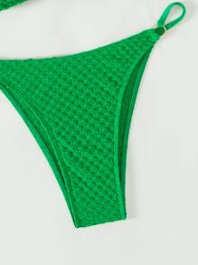 Textured Bikini Set Ring Linked Halter Bra & Thong Bottom 2 Piece Bathing Suit - Green - View 4