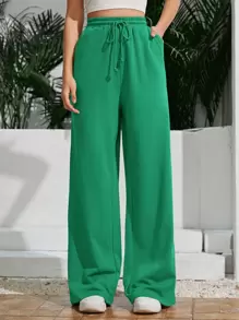 SHEIN Tall Solid Drawstring Waist Wide Leg Sweatpants - Green - View 1