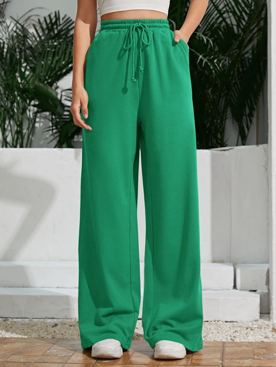 SHEIN Tall Solid Drawstring Waist Wide Leg Sweatpants - Green - View 1