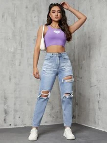 Jeans mom desgarro de talle alto - Lavado ligero - Ver 1