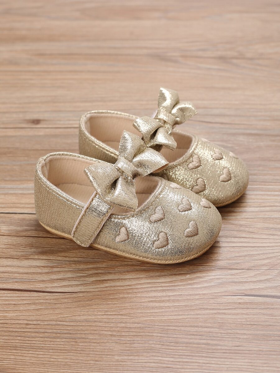 Baby Bow Decor Heart Embroidery Mary Jane Flats - Gold - View 1