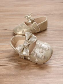 Baby Bow Decor Heart Embroidery Mary Jane Flats - Gold - View 4