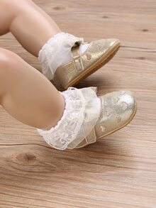 Baby Bow Decor Heart Embroidery Mary Jane Flats - Gold - View 5