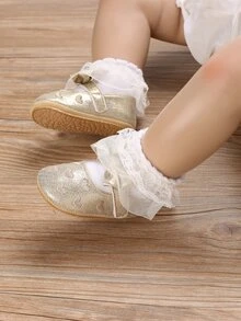Baby Bow Decor Heart Embroidery Mary Jane Flats - Gold - View 6