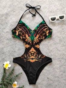 SHEIN Swim Baroque Print Cut-Out One Piece Swimsuit For Summer Beach Vacation - Multicolor - View 7