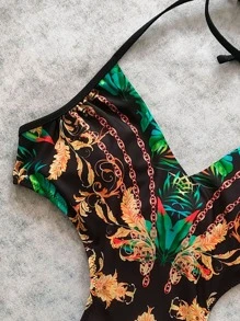 SHEIN Swim Baroque Print Cut-Out One Piece Swimsuit For Summer Beach Vacation - Multicolor - View 8