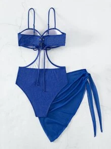 鏤空鋼圈連體泳衣附沙灘裙 - 藍色 - 查看 2
