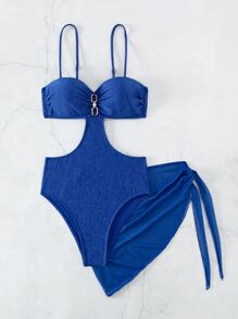 鏤空鋼圈連體泳衣附沙灘裙 - 藍色 - 查看 5
