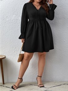 SHEIN Privé Plus Guipure Lace Trim Flounce Sleeve Dress - Black - View 3