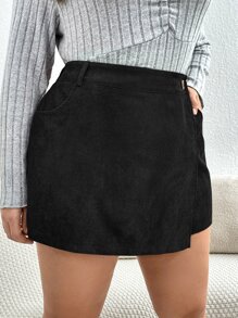 SHEIN Privé 大碼高腰圍裹燈芯絨裙裤 - 黑色 - 查看 3