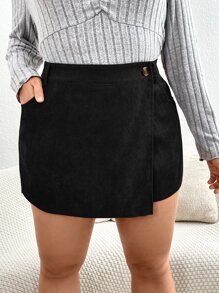 SHEIN Privé 大碼高腰圍裹燈芯絨裙裤 - 黑色 - 查看 5