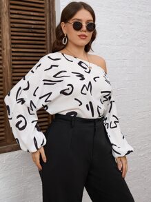 SHEIN Privé 大碼字母圖案不對稱領燈籠袖襯衫 - 白色 - 查看 3