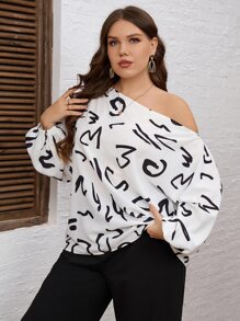 SHEIN Privé 大碼字母圖案不對稱領燈籠袖襯衫 - 白色 - 查看 4