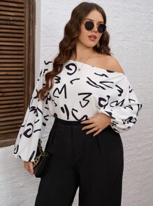 SHEIN Privé 大碼字母圖案不對稱領燈籠袖襯衫 - 白色 - 查看 5