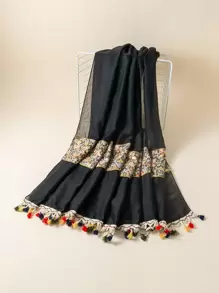 Ditsy Floral Print Tassel Decor Scarf - Black - View 1