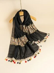 Ditsy Floral Print Tassel Decor Scarf - Black - View 2