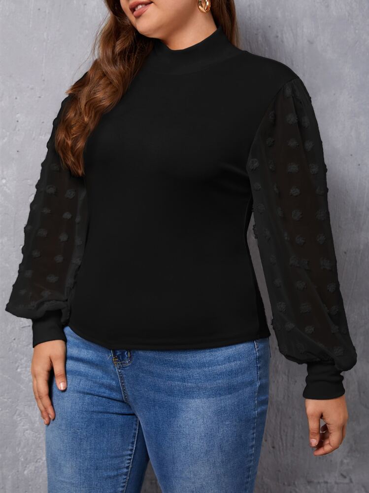 SHEIN Privé Top de lunares de manga obispo de cuello cisne - Negro - Ver 3