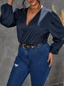 SHEIN Privé Body de cuello cruzado de manga farol - Azul Marino - Ver 3