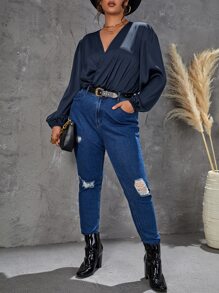 SHEIN Privé Body de cuello cruzado de manga farol - Azul Marino - Ver 5