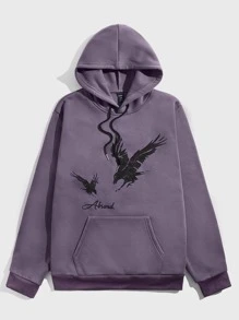 ROMWE MEN Guys Eagle Print Kangaroo Pocket Drawstring Thermal Hoodie - Purple - View 1