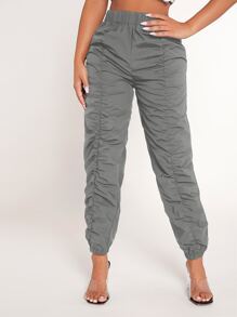SHEIN PETITE Pantalones fruncido de cintura elástica - Gris - Ver 3
