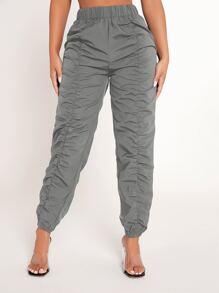 SHEIN PETITE Pantalones fruncido de cintura elástica - Gris - Ver 5
