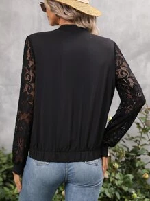 SHEIN LUNE Floral Print Zip Up Contrast Lace Bomber Jacket - Black - View 2