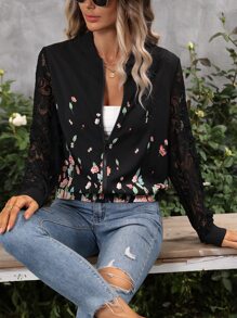 SHEIN LUNE Floral Print Zip Up Contrast Lace Bomber Jacket - Black - View 4