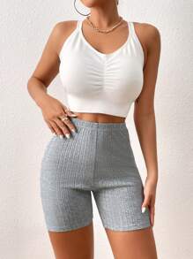 SHEIN Essnce Shorts biker unicolor tejido de canalé - Gris - Ver 2