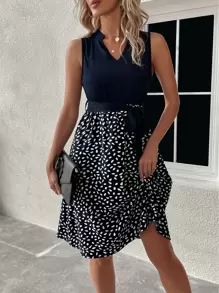SHEIN LUNE Dalmatian Print Notched Neck Belted Dress - Navy Blue - View 3