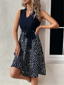 SHEIN LUNE Dalmatian Print Notched Neck Belted Dress - Navy Blue - View 5