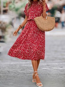 Breezaya All Over Print Batwing Sleeve A-Line Dress Burgundy Maxi Vacation Beach Outfits Women - Burgundy - View 4