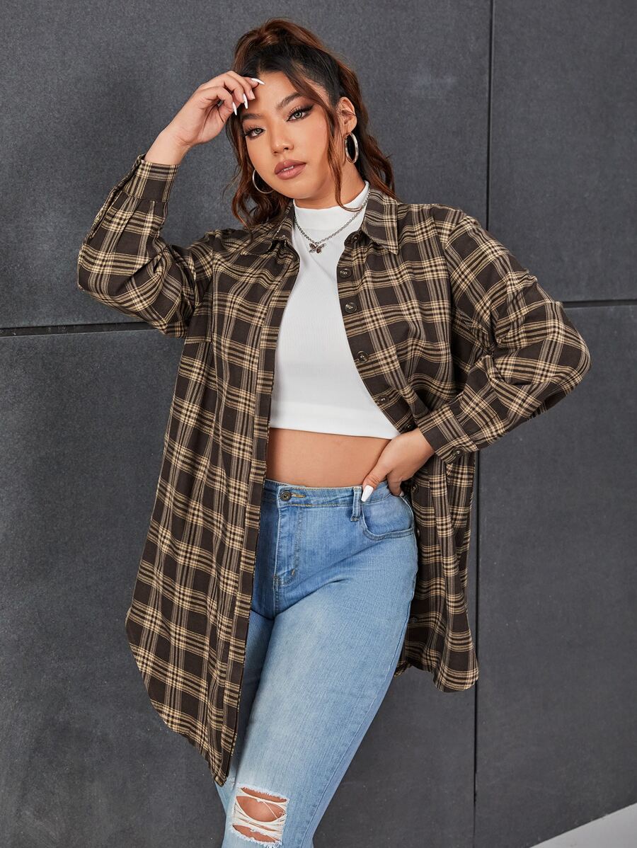 SHEIN EZwear Plus Plaid Print Button Front Shirt - Multicolor - View 1