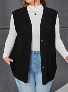 SHEIN Essnce Plus Button Front Sleeveless Coat - Black - View 1