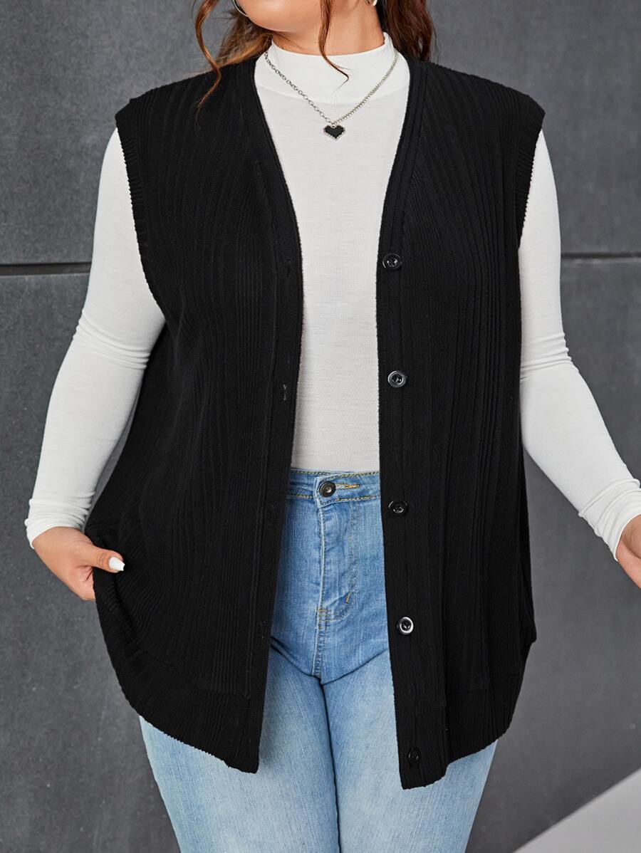 SHEIN Essnce Plus Button Front Sleeveless Coat - Black - View 1