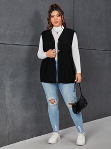 SHEIN Essnce Plus Button Front Sleeveless Coat - Black - View 4