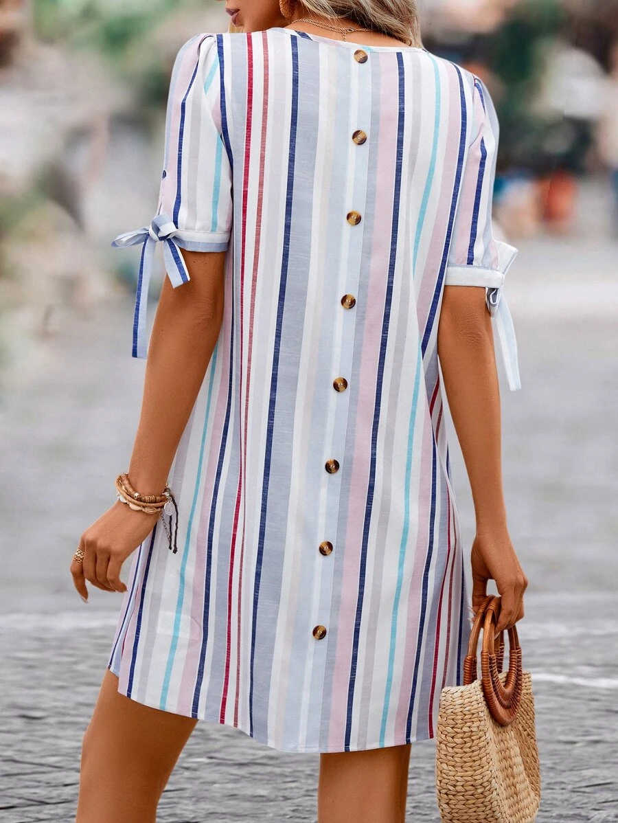 SHEIN VCAY 豎條紋後紐扣打結袖口直筒連衣裙 - 彩色 - 查看 1
