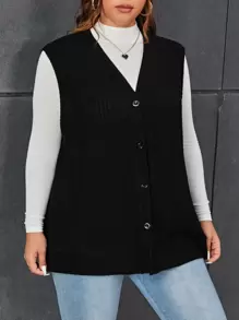 SHEIN Essnce Plus Button Front Sleeveless Coat - Black - View 5