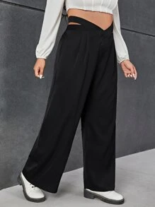 SHEIN EZwear Quần Plus Size Cắt ra Dây kéo Uốn nếp màu trơn Giải trí - màu đen - Xem 3
