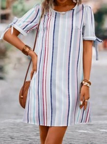 SHEIN VCAY 豎條紋後紐扣打結袖口直筒連衣裙 - 彩色 - 查看 3