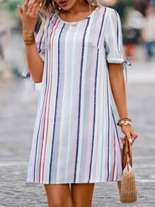 SHEIN VCAY 豎條紋後紐扣打結袖口直筒連衣裙 - 彩色 - 查看 4