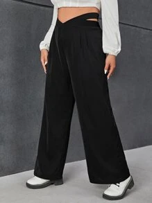 SHEIN EZwear Quần Plus Size Cắt ra Dây kéo Uốn nếp màu trơn Giải trí - màu đen - Xem 4