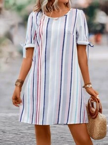 SHEIN VCAY 豎條紋後紐扣打結袖口直筒連衣裙 - 彩色 - 查看 5